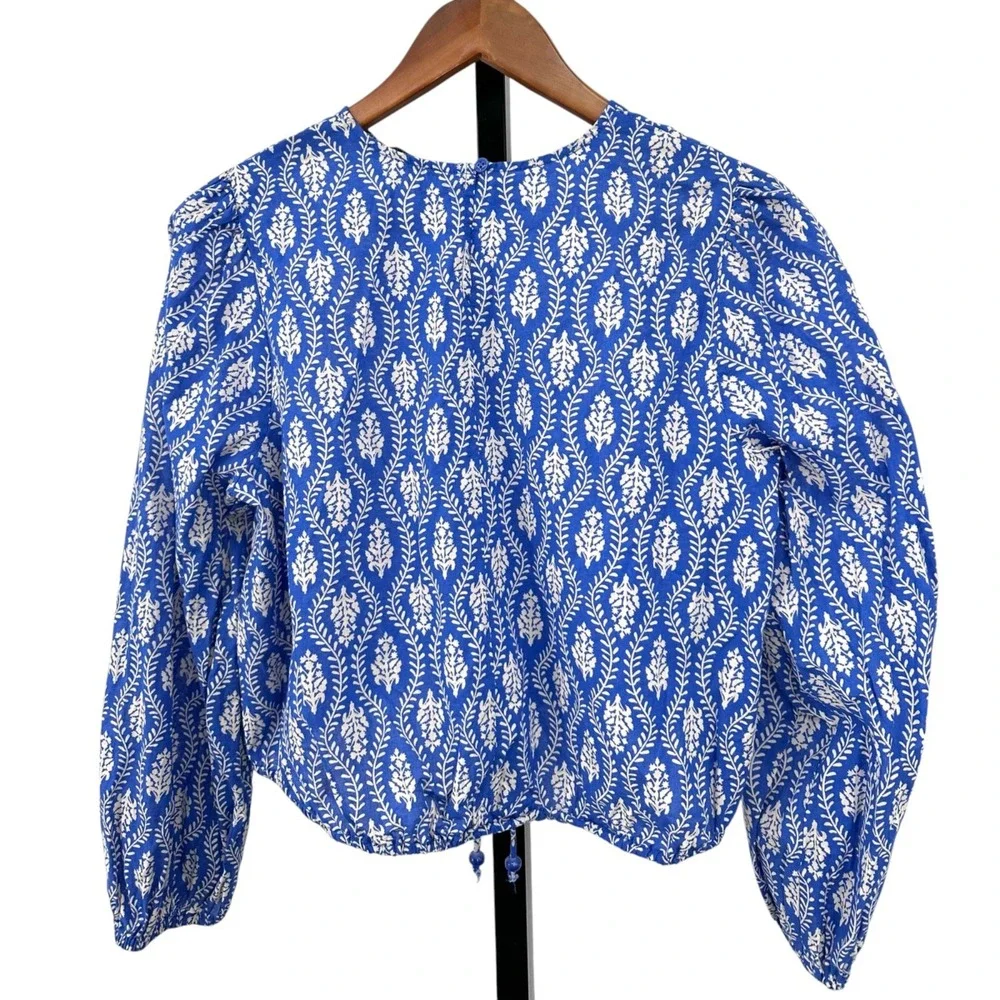 ZARA Oversized Crop Top Blue Cotton Drawstring Long Ballon Sleeves Women's Small